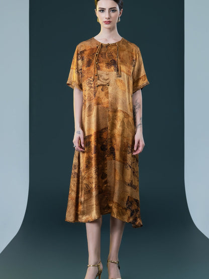 Natural Print Tie-Neck Midi Dress