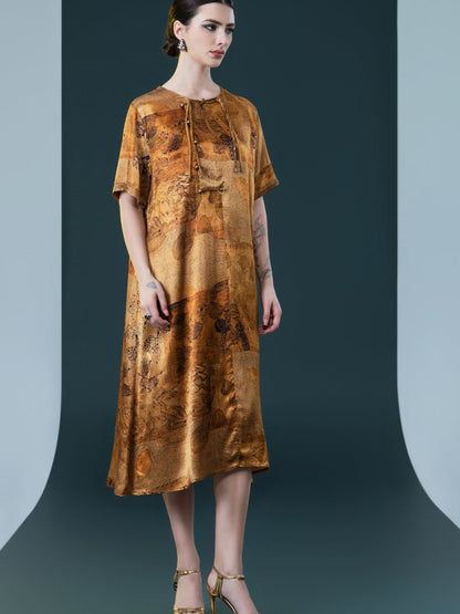 Natural Print Tie-Neck Midi Dress