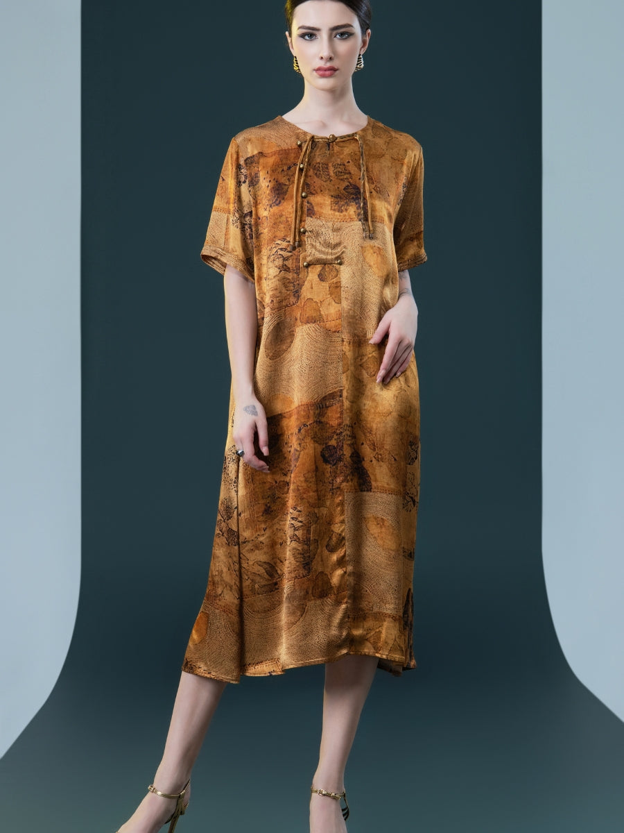 Natural Print Tie-Neck Midi Dress