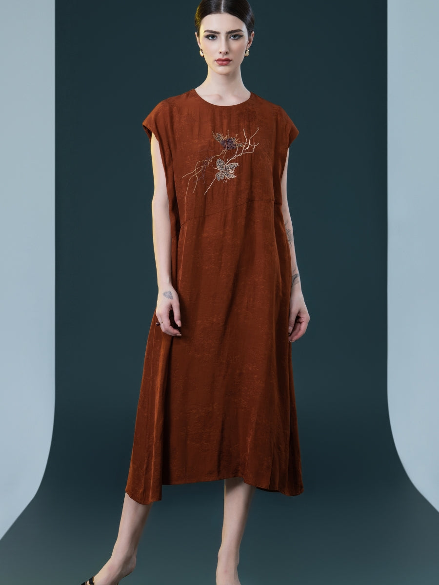 Rust Sleeveless Embroidered Midi Dress