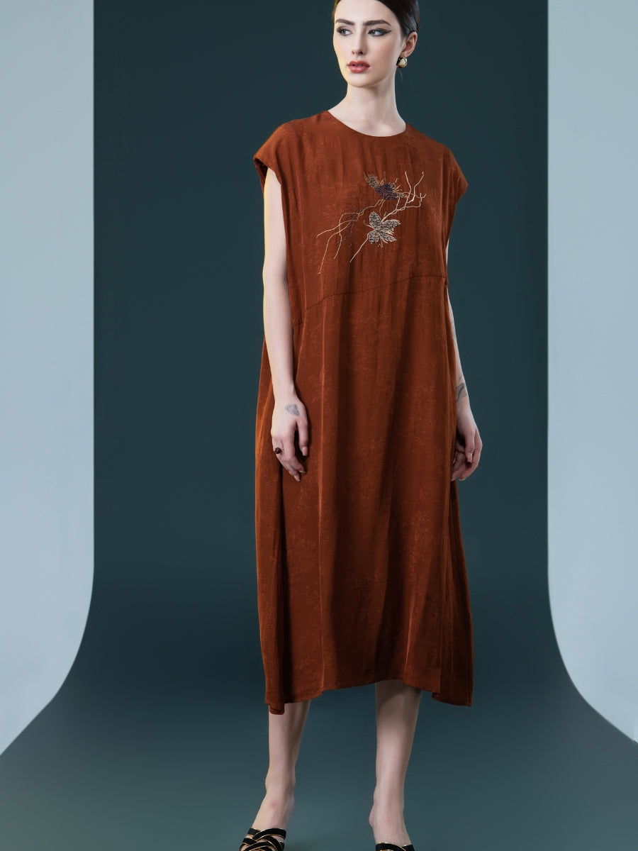Rust Sleeveless Embroidered Midi Dress