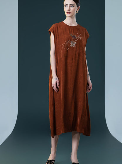 Rust Sleeveless Embroidered Midi Dress