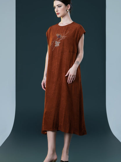 Rust Sleeveless Embroidered Midi Dress
