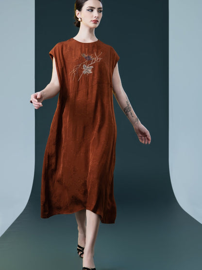 Rust Sleeveless Embroidered Midi Dress