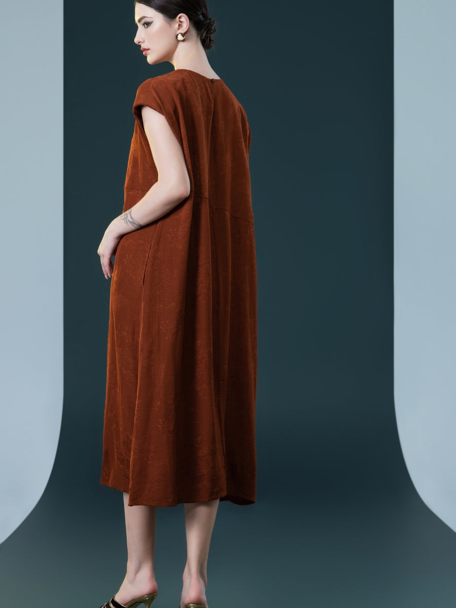 Rust Sleeveless Embroidered Midi Dress