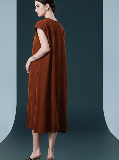 Rust Sleeveless Embroidered Midi Dress