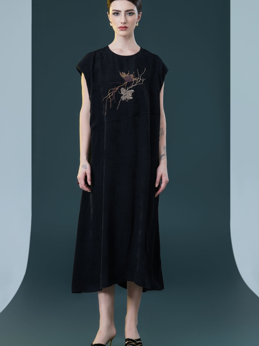 Rust Sleeveless Embroidered Midi Dress