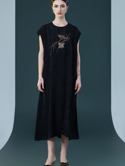 Rust Sleeveless Embroidered Midi Dress