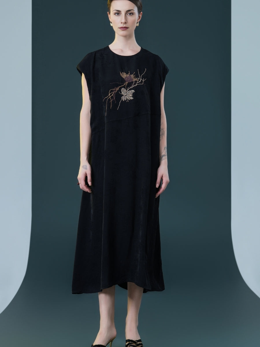 Rust Sleeveless Embroidered Midi Dress