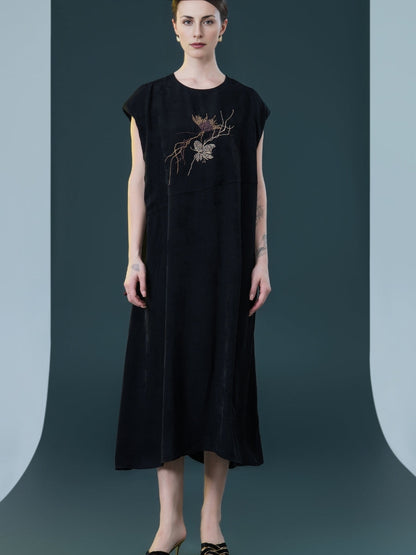 Rust Sleeveless Embroidered Midi Dress