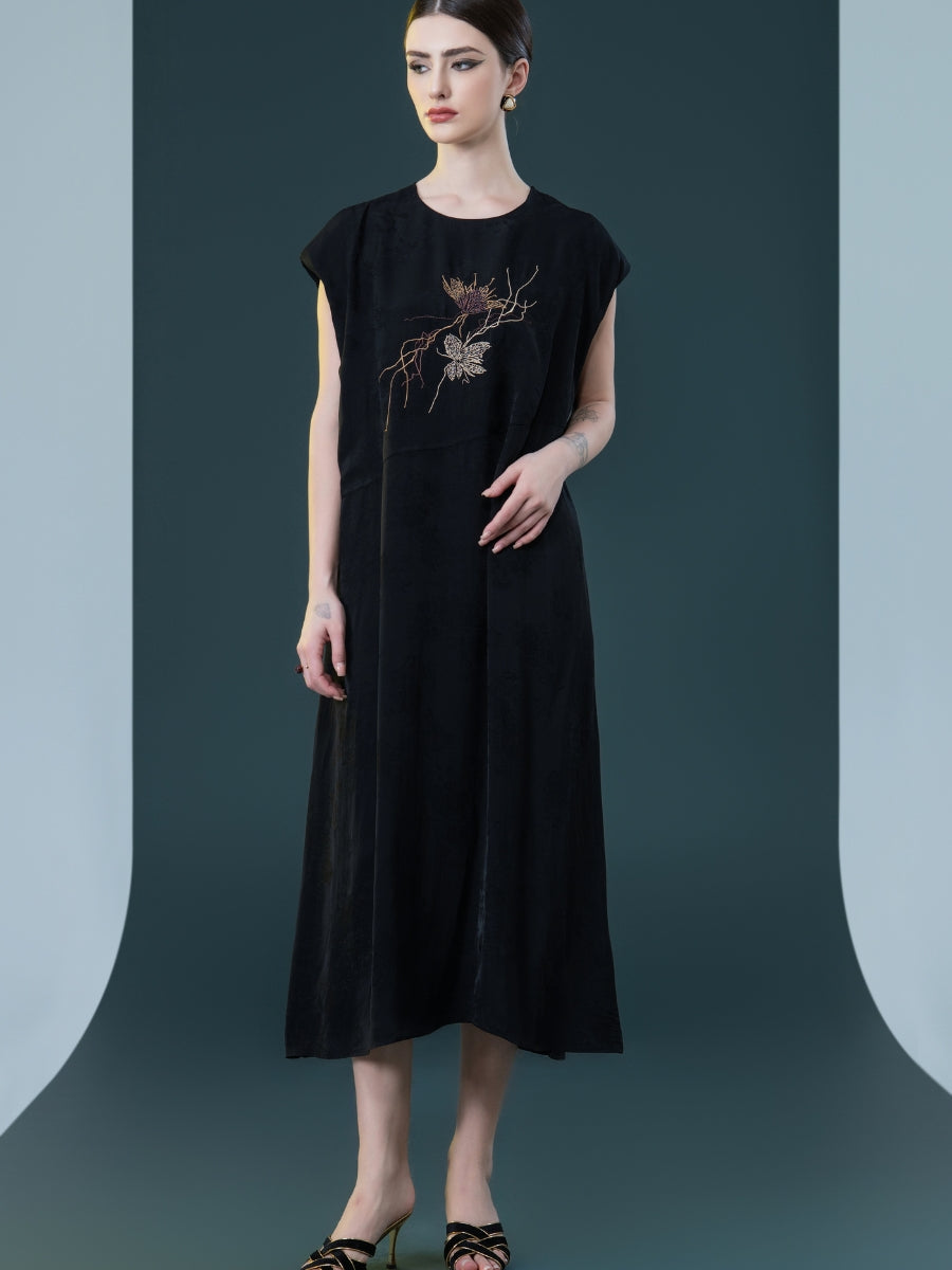 Rust Sleeveless Embroidered Midi Dress