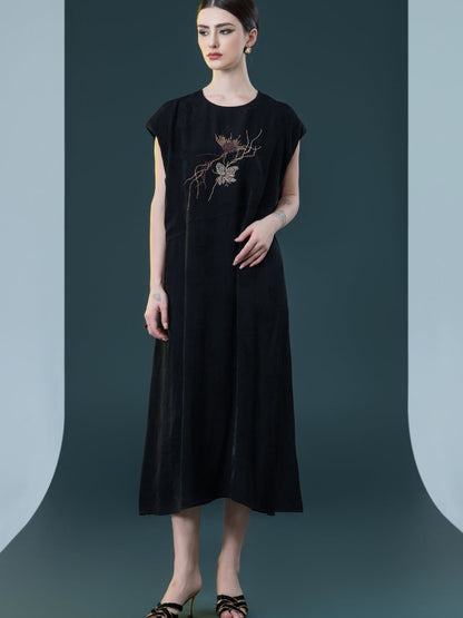 Rust Sleeveless Embroidered Midi Dress