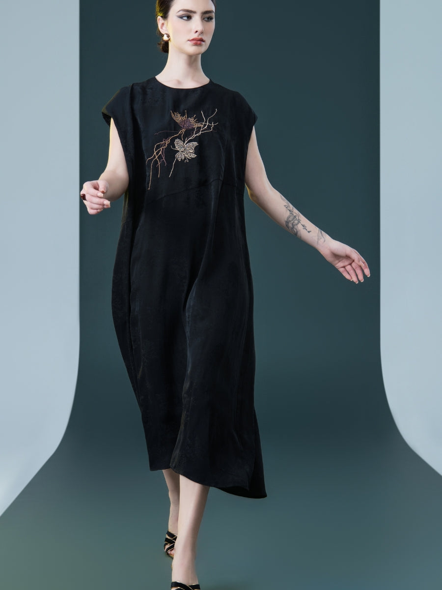 Rust Sleeveless Embroidered Midi Dress