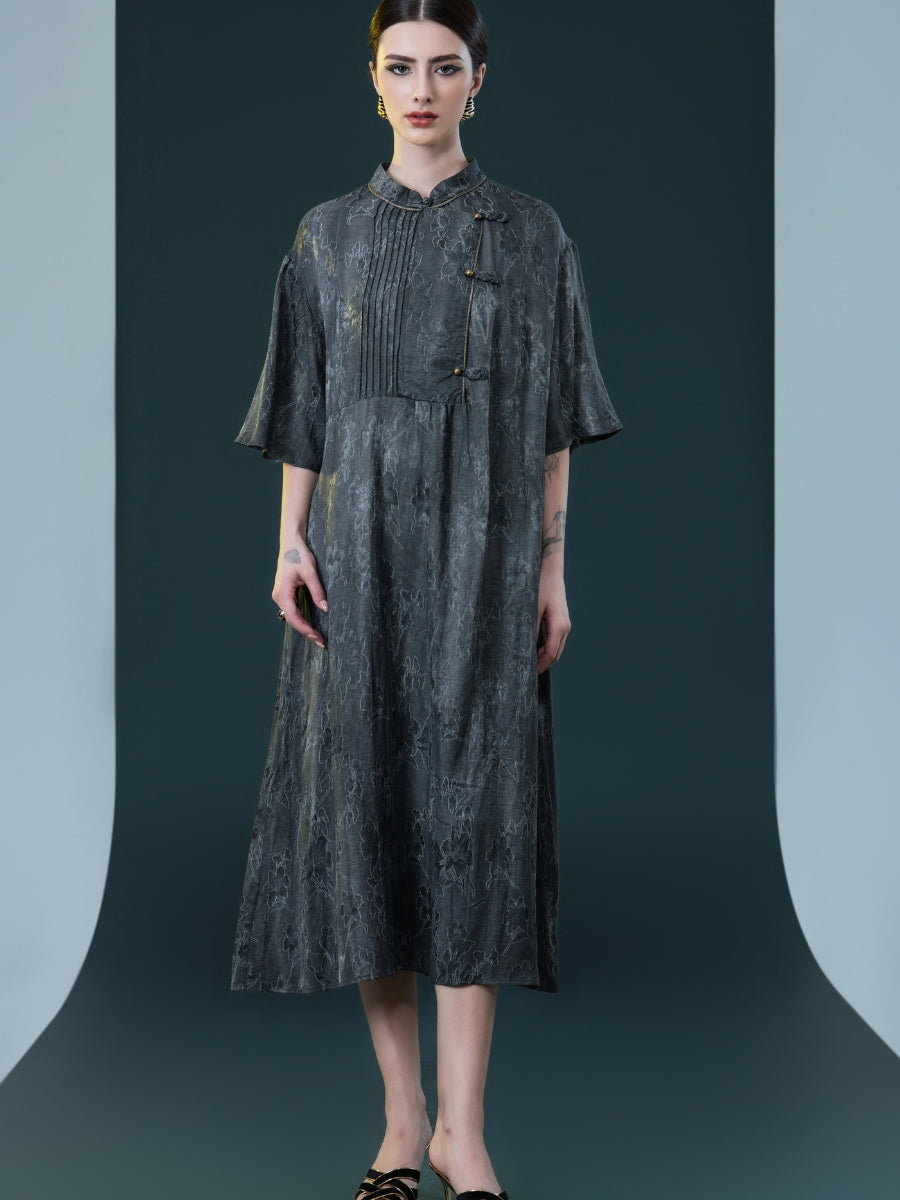 Taupe High-Neck Embroidered Midi Dress