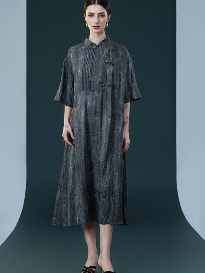 Taupe High-Neck Embroidered Midi Dress