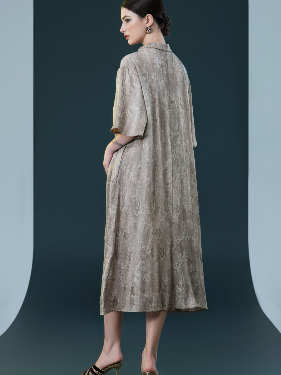 Taupe High-Neck Embroidered Midi Dress