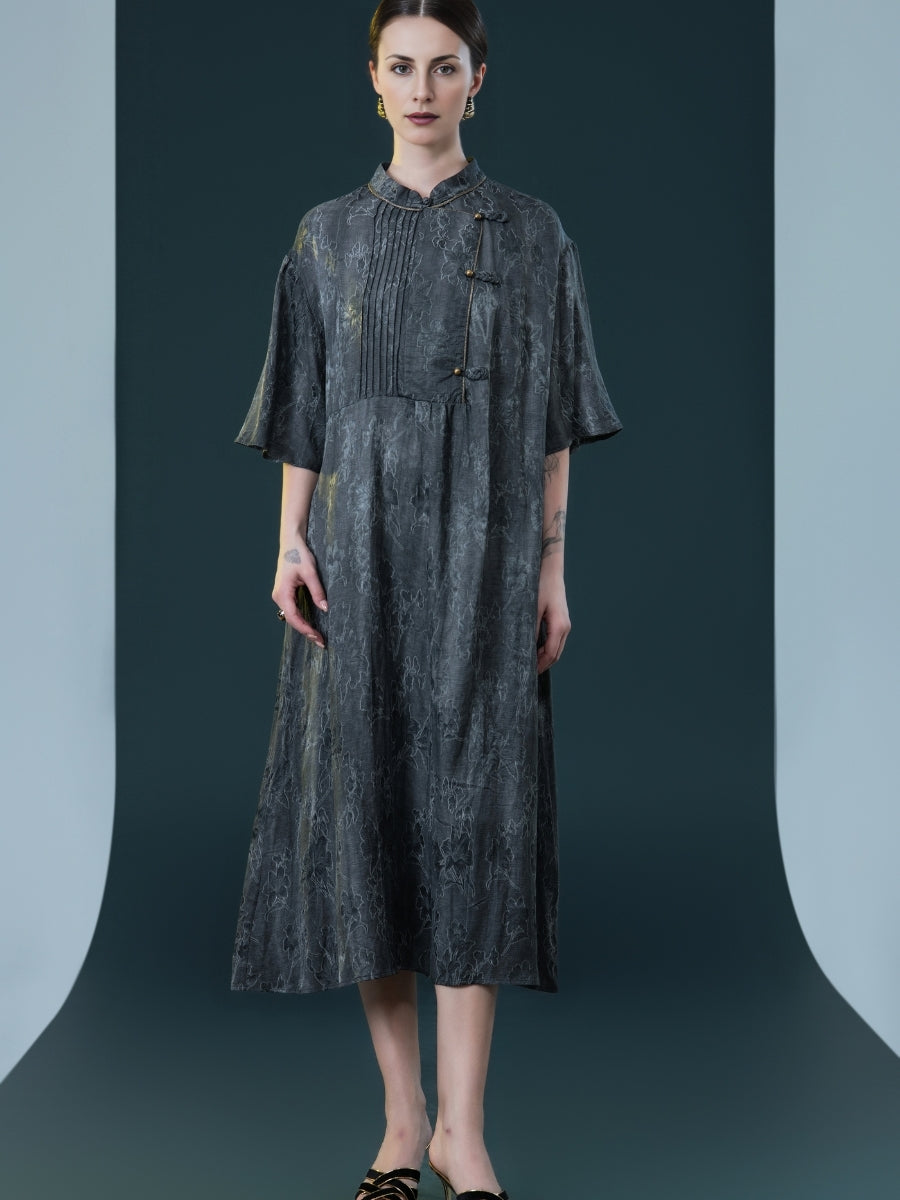 Taupe High-Neck Embroidered Midi Dress