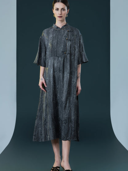 Taupe High-Neck Embroidered Midi Dress