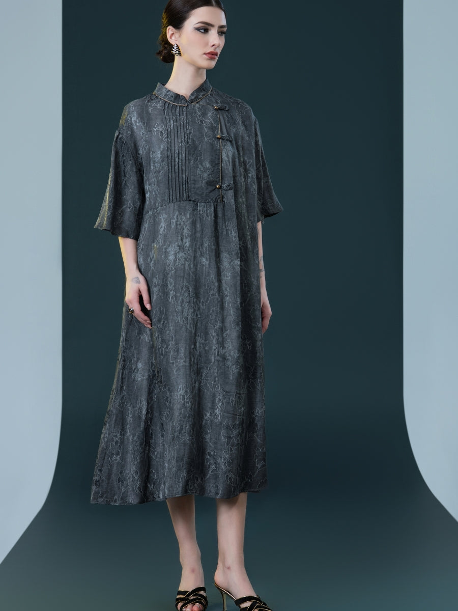 Taupe High-Neck Embroidered Midi Dress