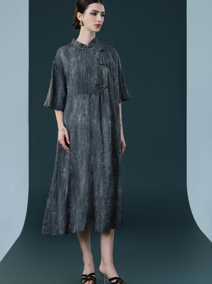 Taupe High-Neck Embroidered Midi Dress