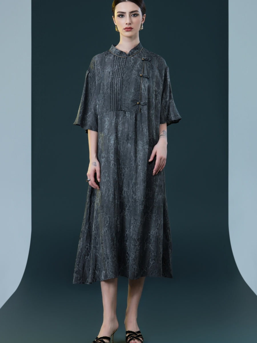 Taupe High-Neck Embroidered Midi Dress