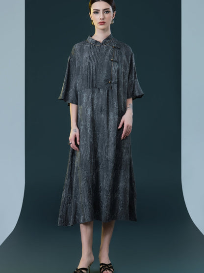 Taupe High-Neck Embroidered Midi Dress