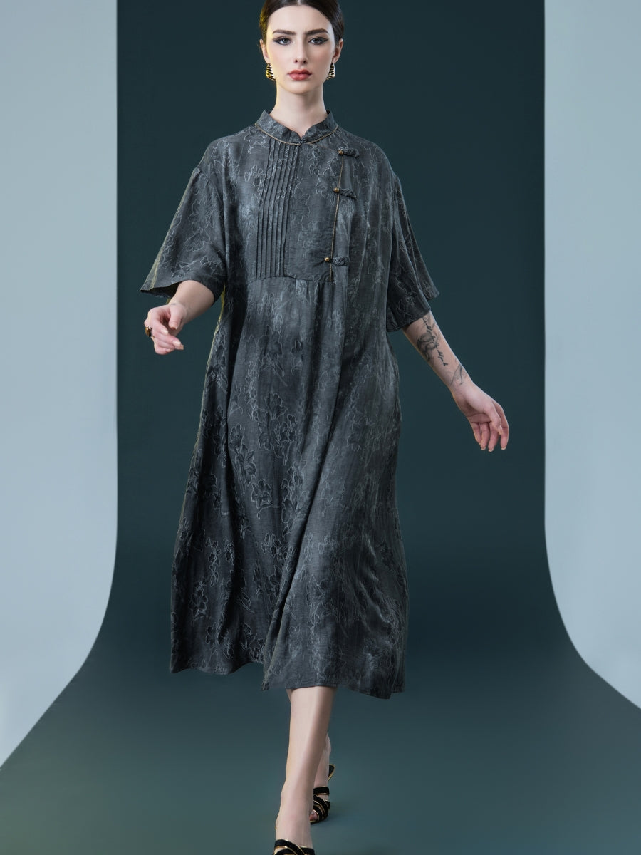 Taupe High-Neck Embroidered Midi Dress