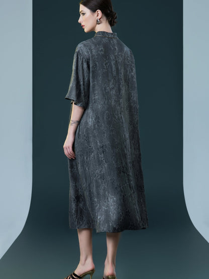 Taupe High-Neck Embroidered Midi Dress