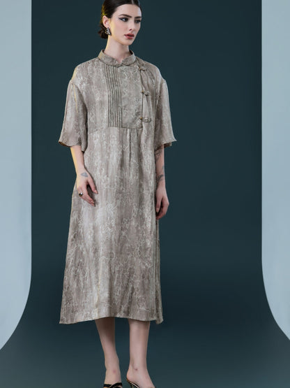 Taupe High-Neck Embroidered Midi Dress