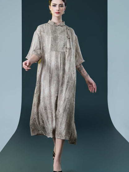 Taupe High-Neck Embroidered Midi Dress