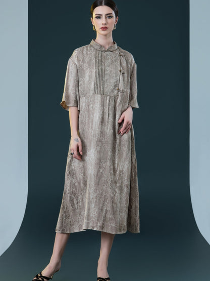 Taupe High-Neck Embroidered Midi Dress