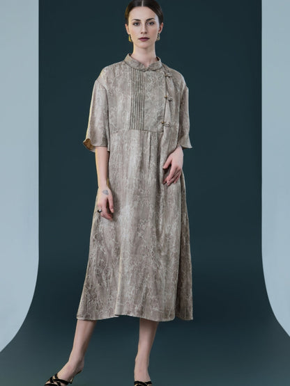 Taupe High-Neck Embroidered Midi Dress