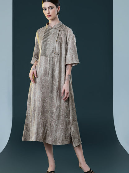 Taupe High-Neck Embroidered Midi Dress