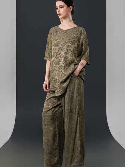 Olive Green Floral Two-Piece Set