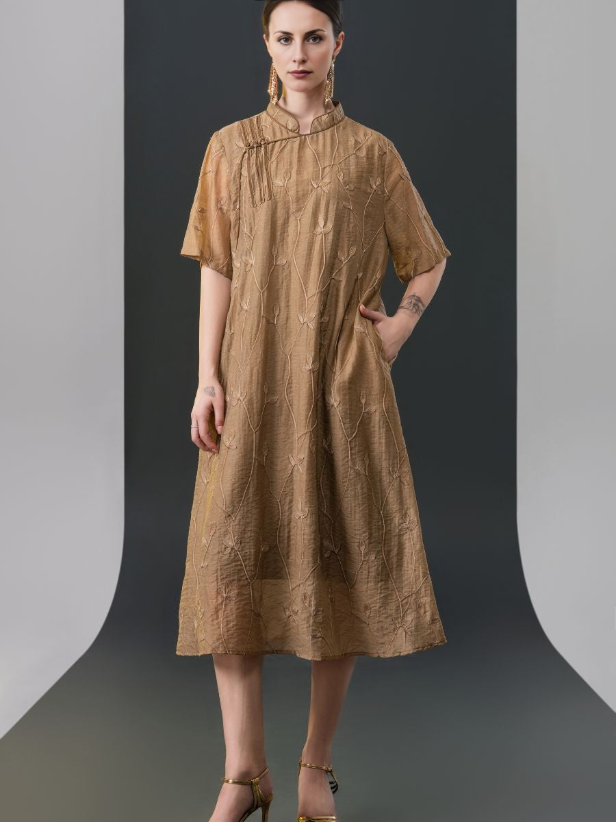 Golden Embroidered Midi Dress