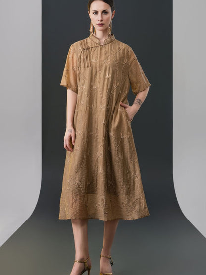 Golden Embroidered Midi Dress