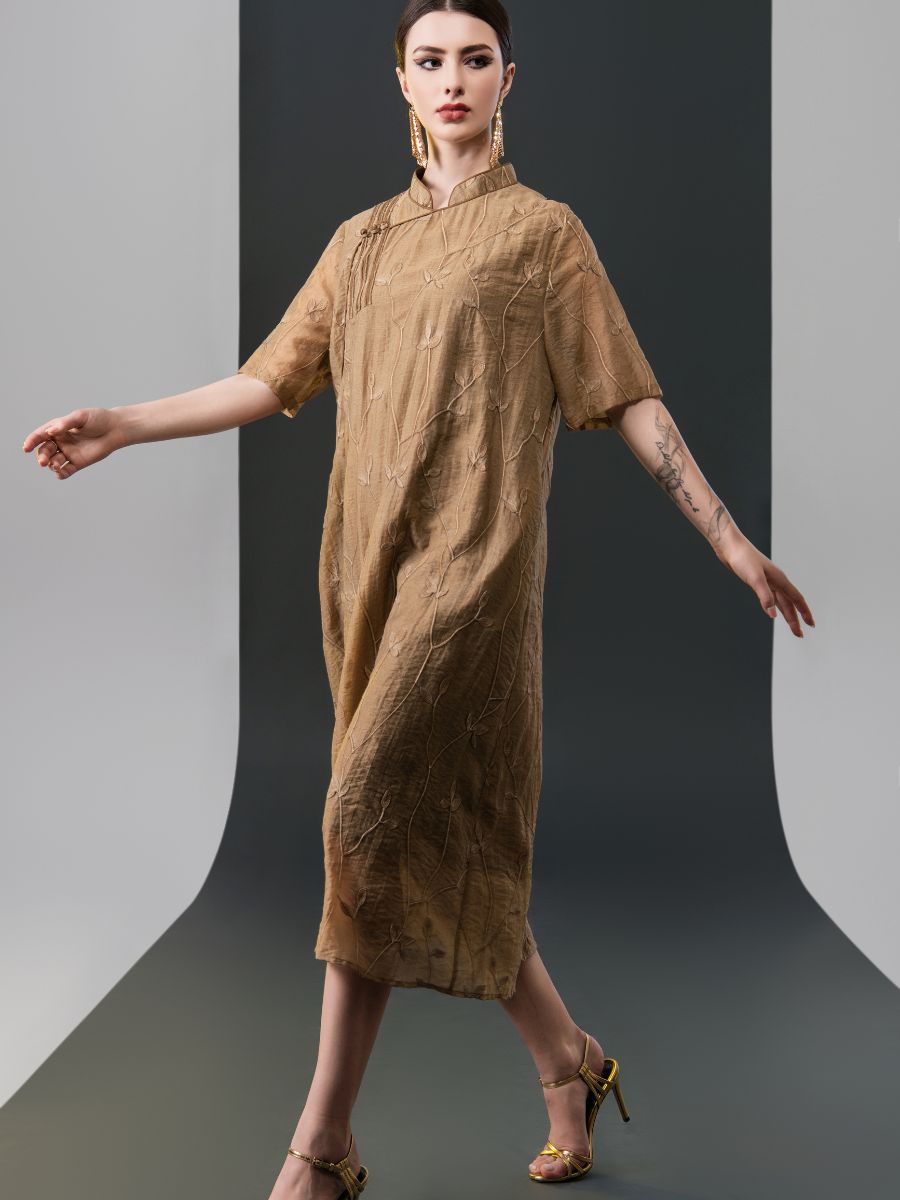 Golden Embroidered Midi Dress