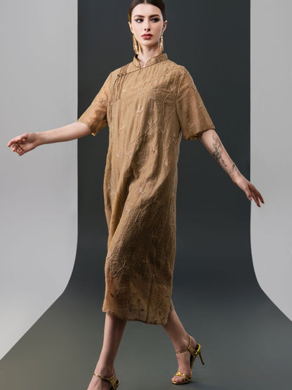 Golden Embroidered Midi Dress