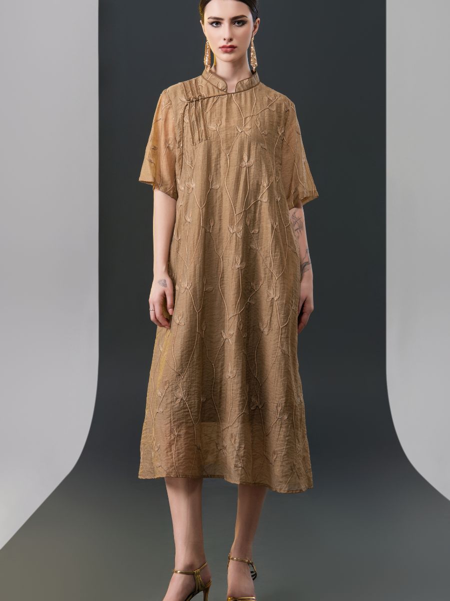 Golden Embroidered Midi Dress