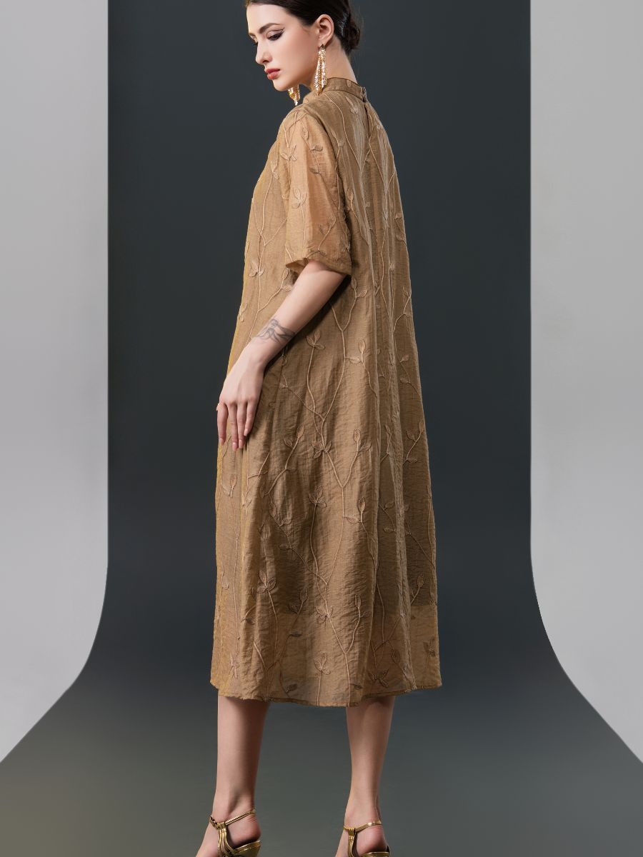 Golden Embroidered Midi Dress