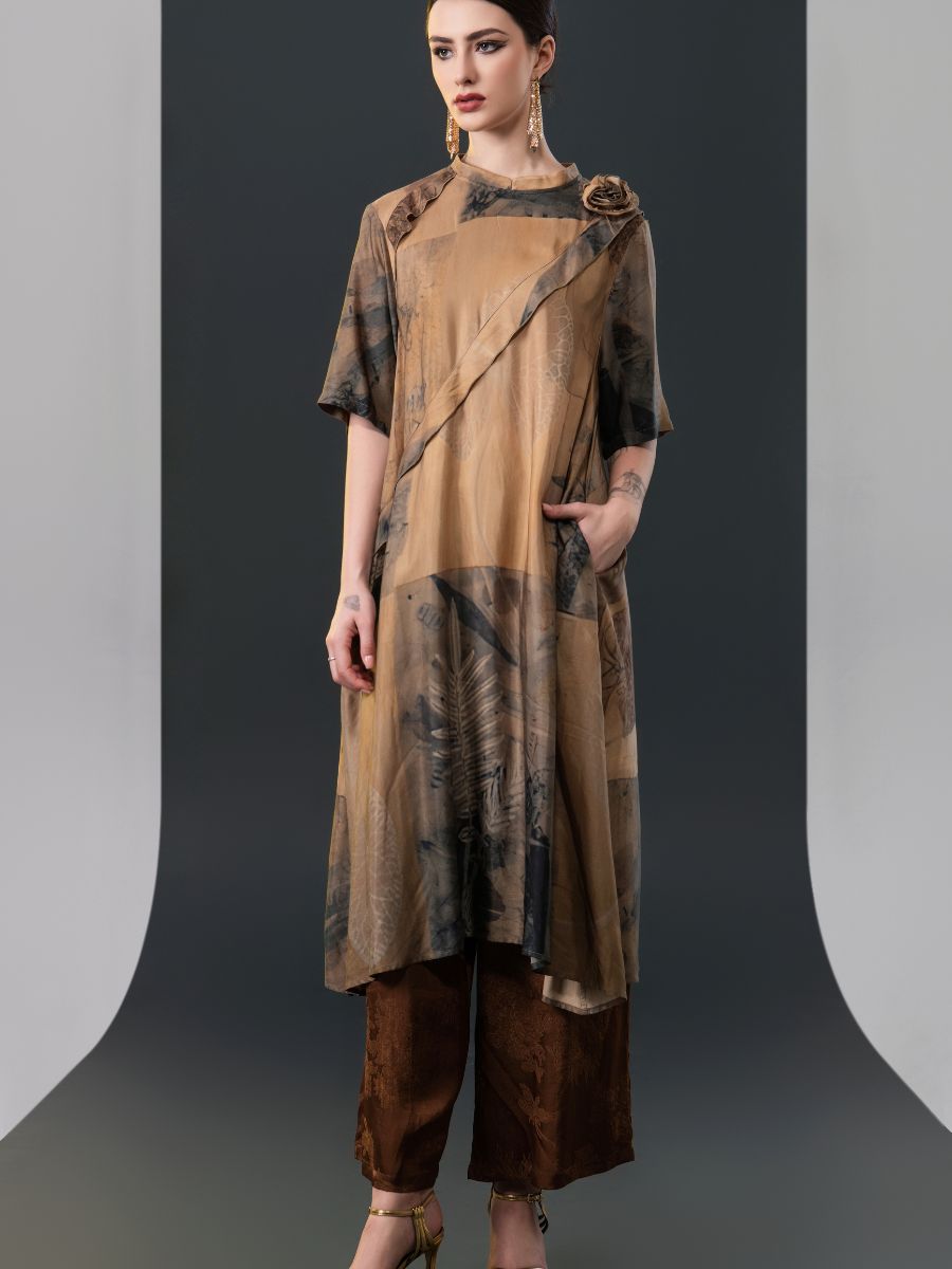 Layered Earth Tones Two-Piece Set with Floral Accent