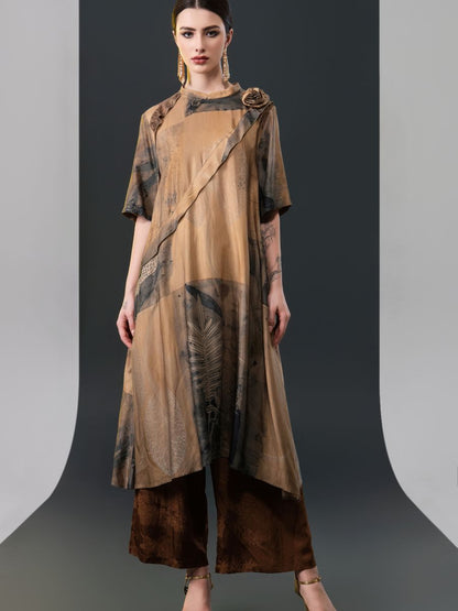 Layered Earth Tones Two-Piece Set with Floral Accent