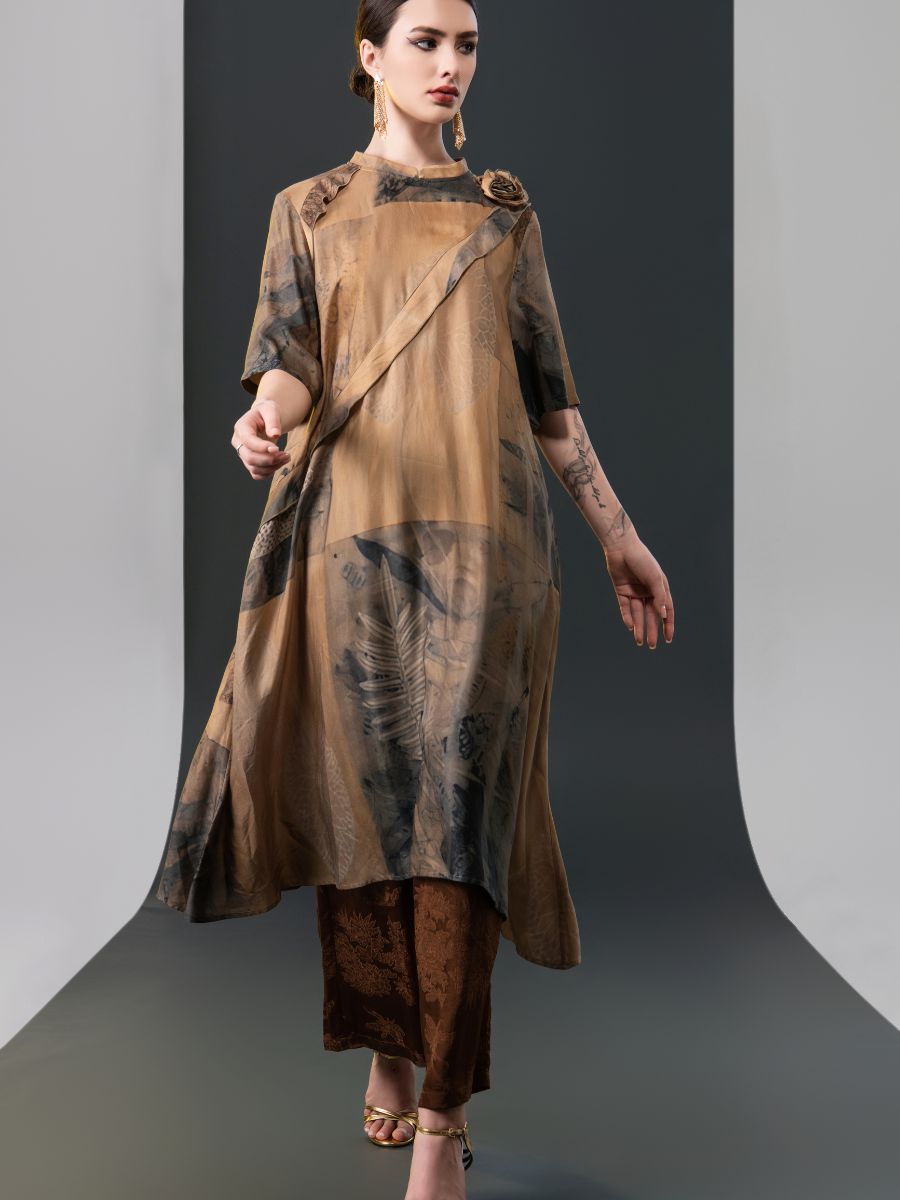 Layered Earth Tones Two-Piece Set with Floral Accent