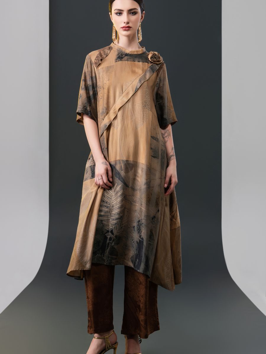 Layered Earth Tones Two-Piece Set with Floral Accent