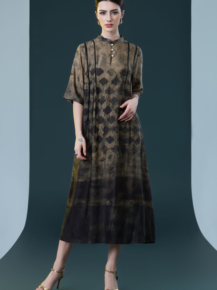 Geometric Print High-Neck Midi Dress