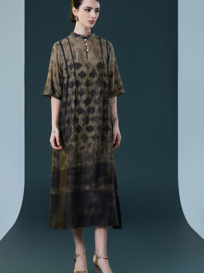 Geometric Print High-Neck Midi Dress