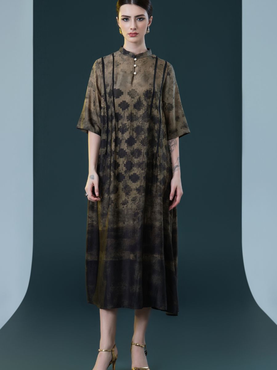 Geometric Print High-Neck Midi Dress