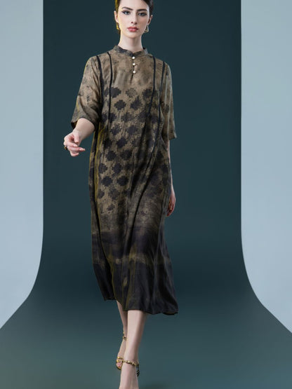 Geometric Print High-Neck Midi Dress