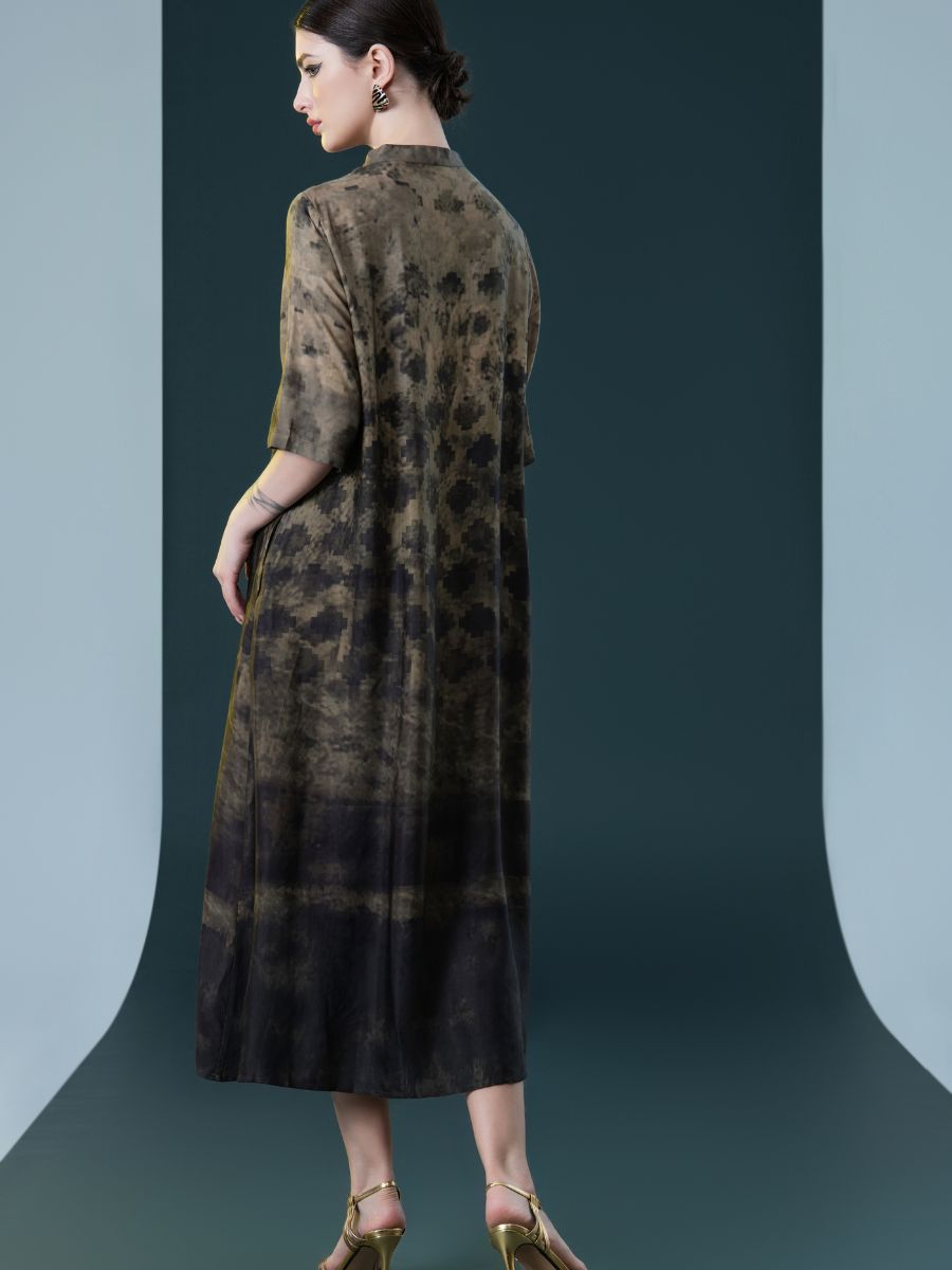 Geometric Print High-Neck Midi Dress