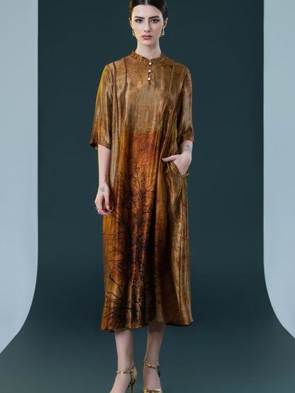 Geometric Print High-Neck Midi Dress